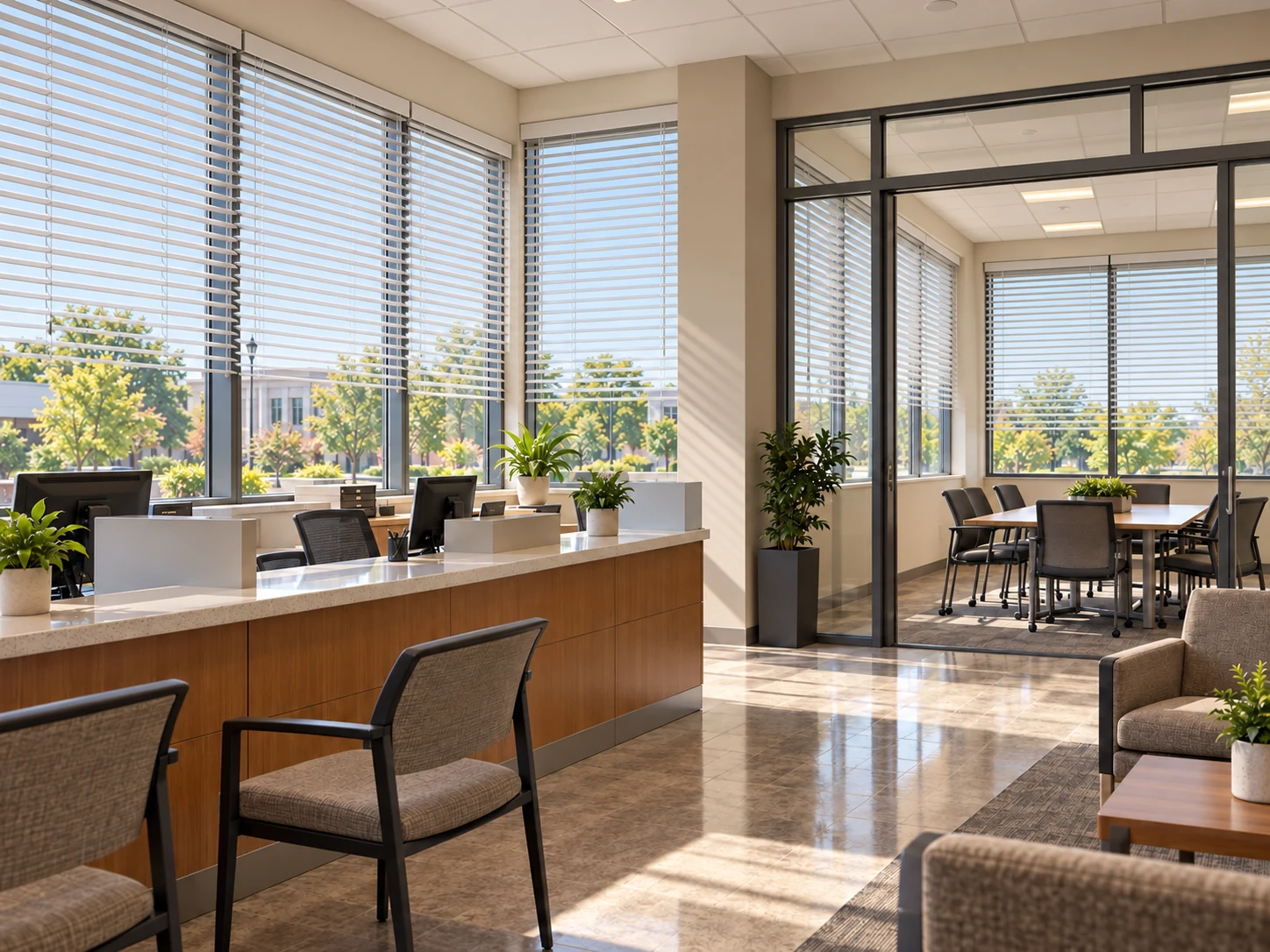 Business office with partially open horizontal blinds