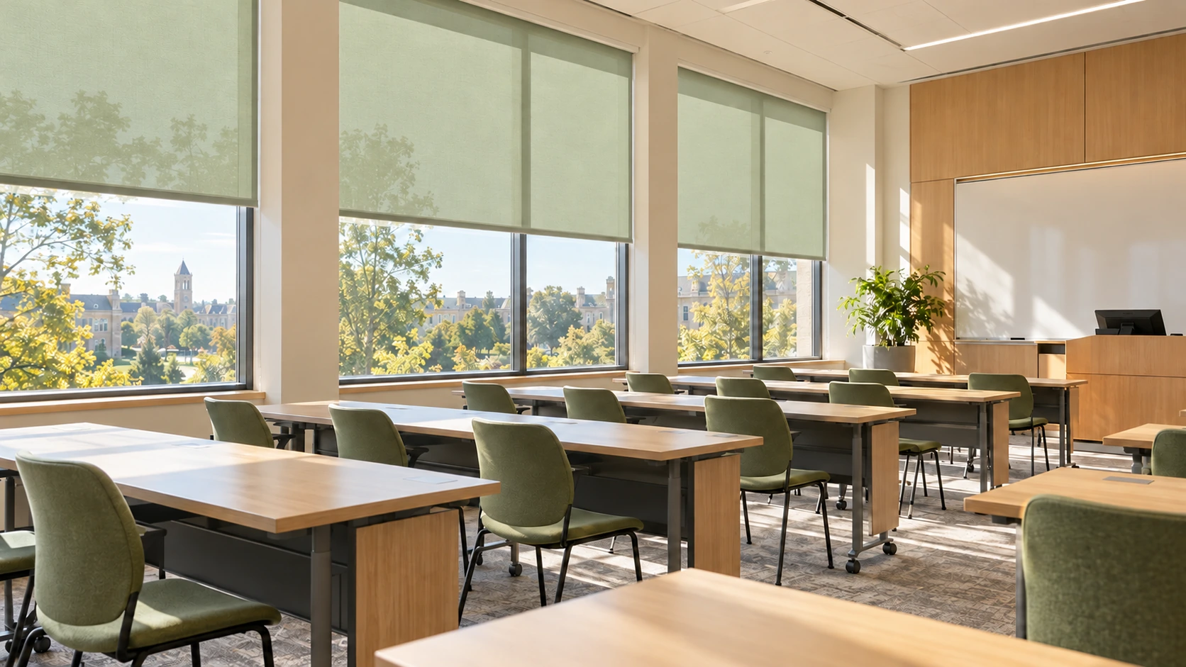 Classroom with sage green roller shades