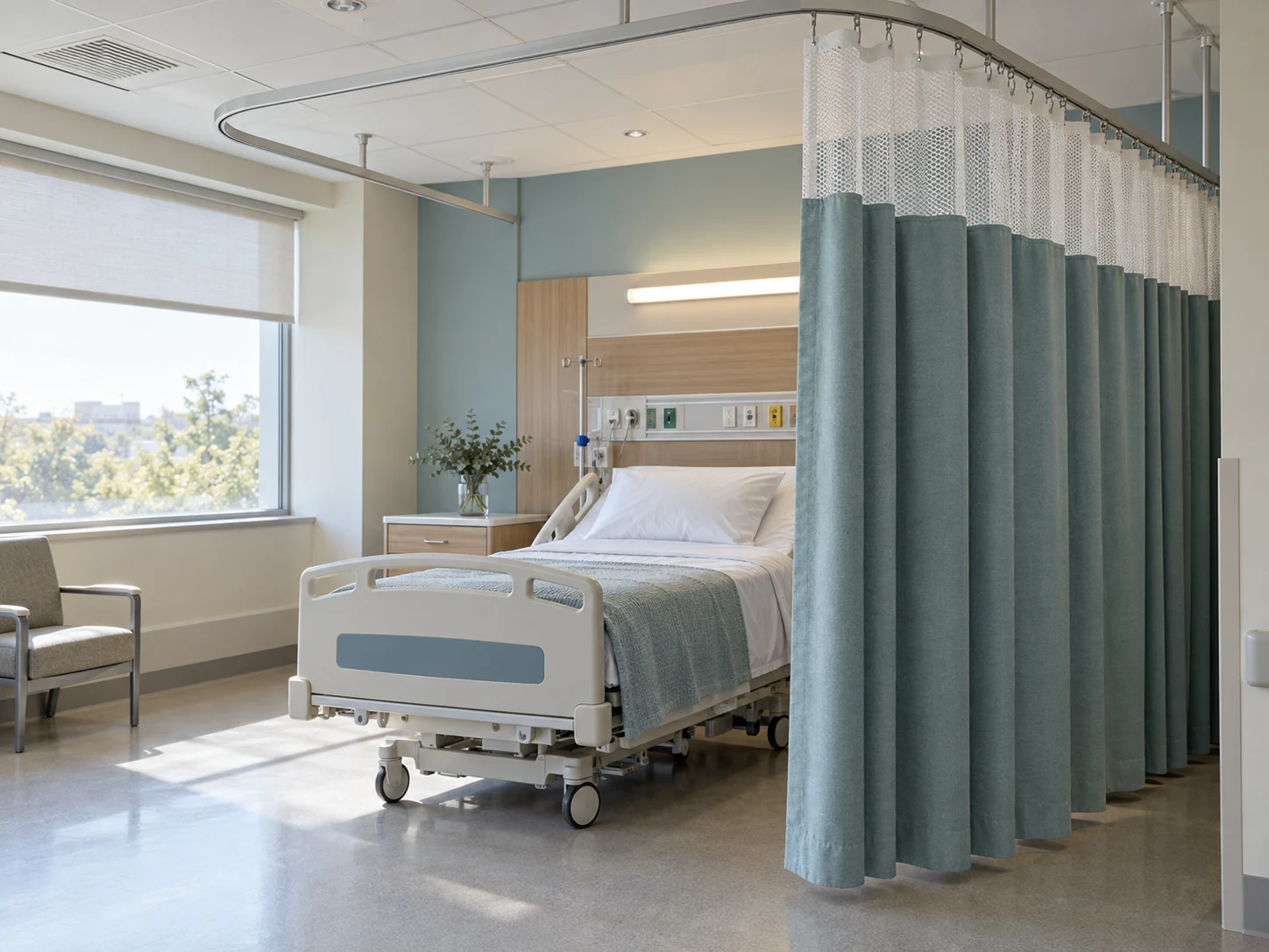 Patient bay with a teal privacy curtain on a curved ceiling track