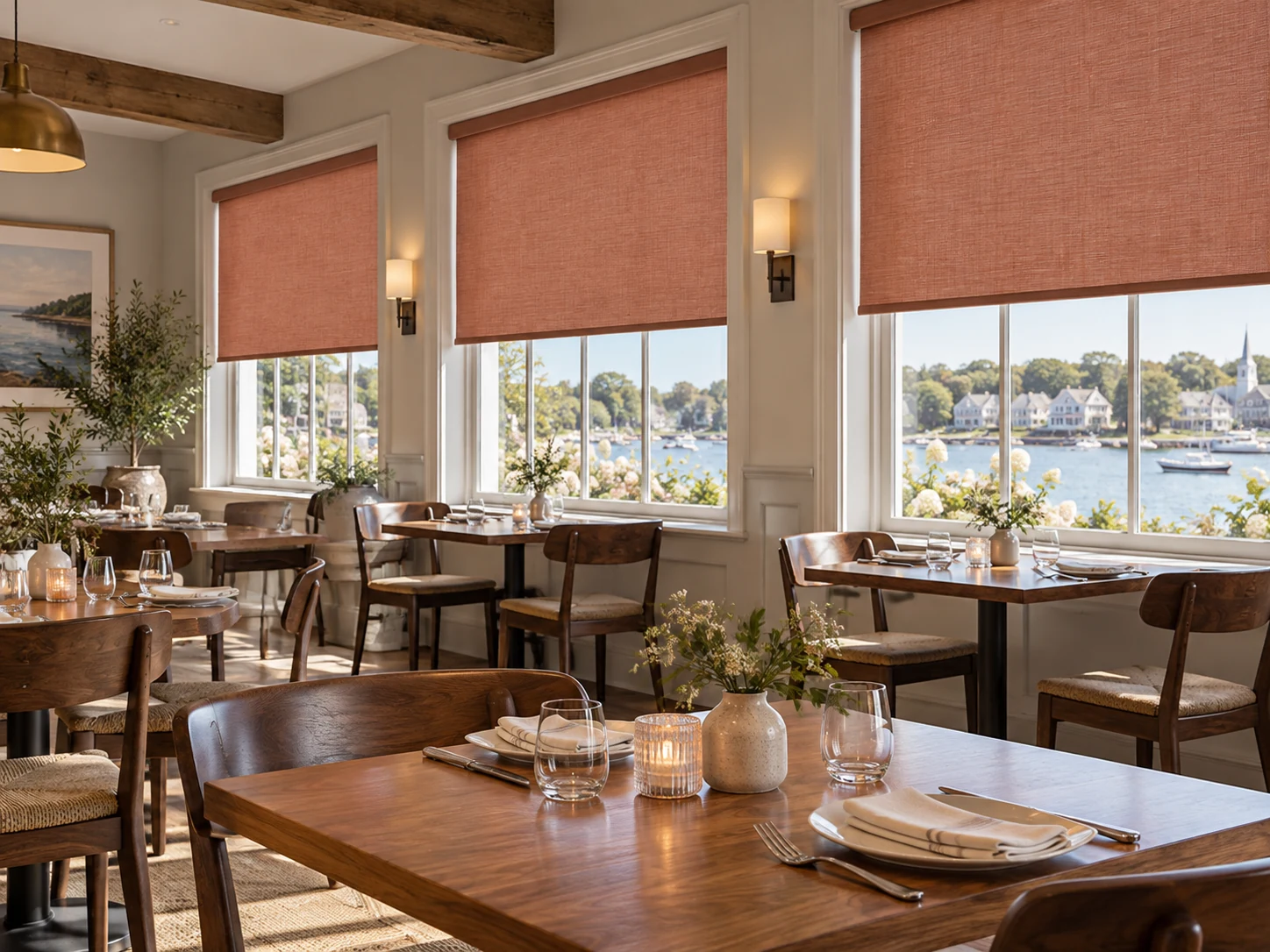 Restaurant with terracotta roller shades